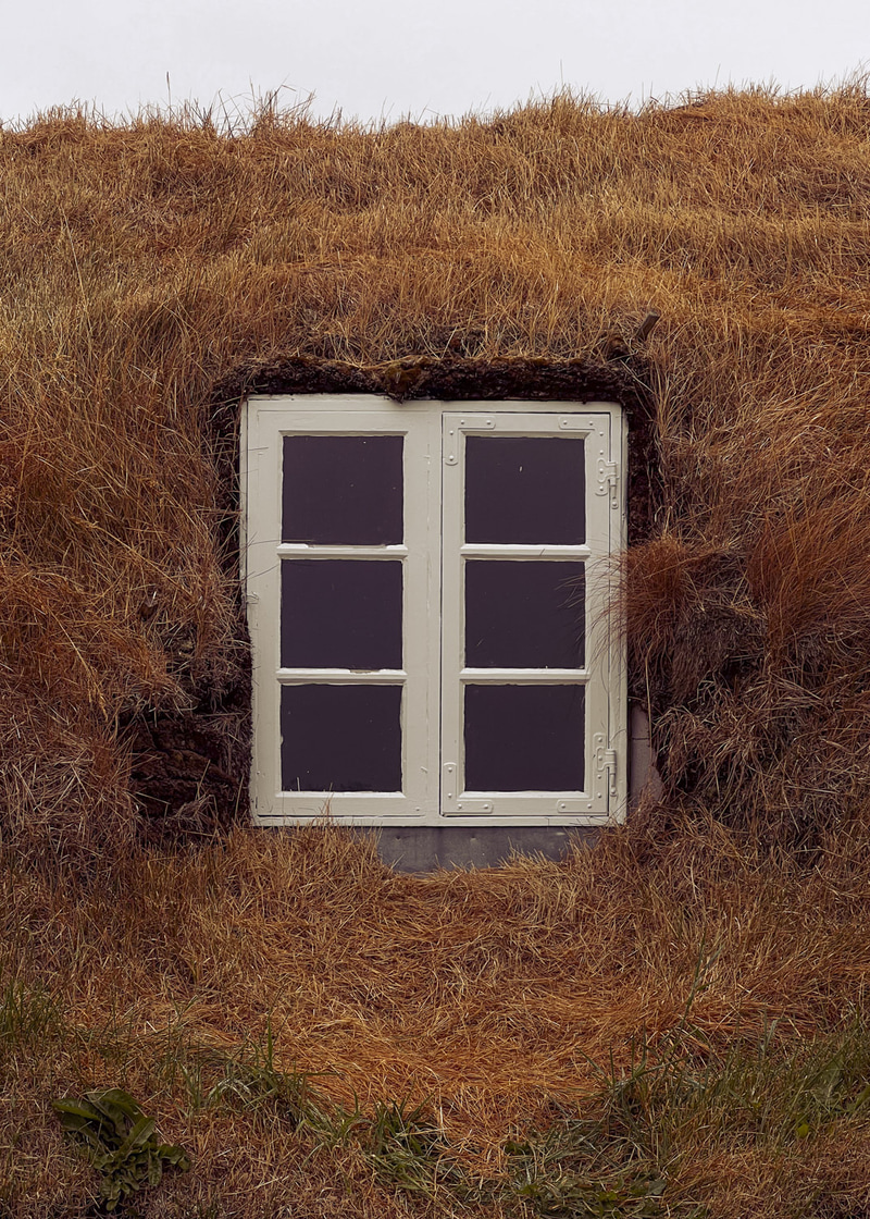 Ventana blanca de cuatro paneles encajada en una superficie cubierta de hierba seca.