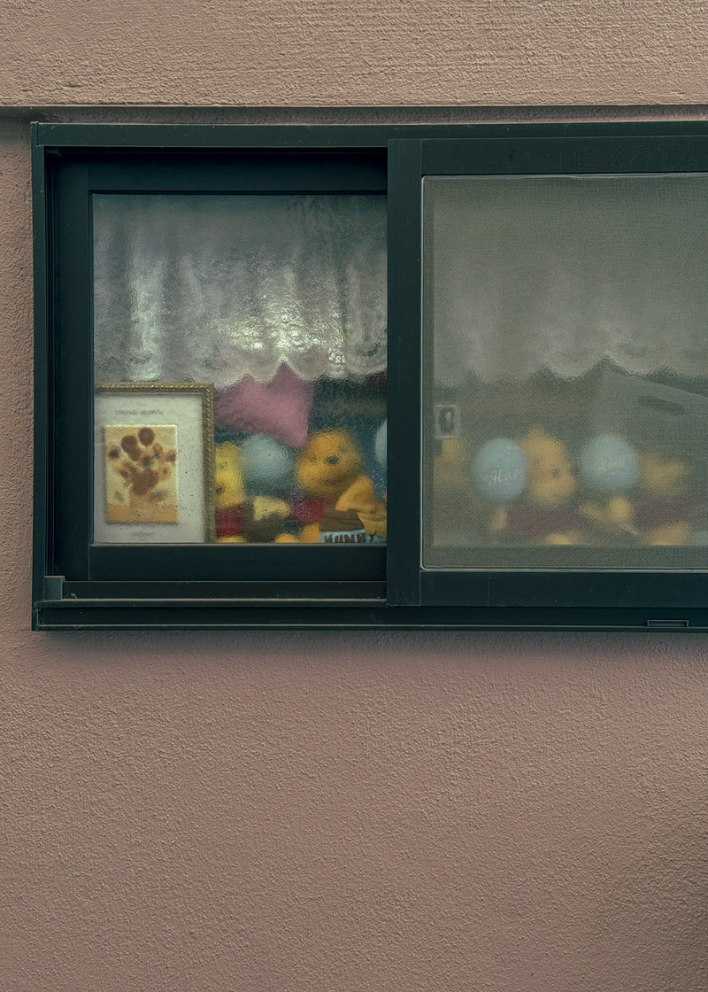 Juguetes y figuras de colores detrás de una ventana pequeña de marco verde oscuro.